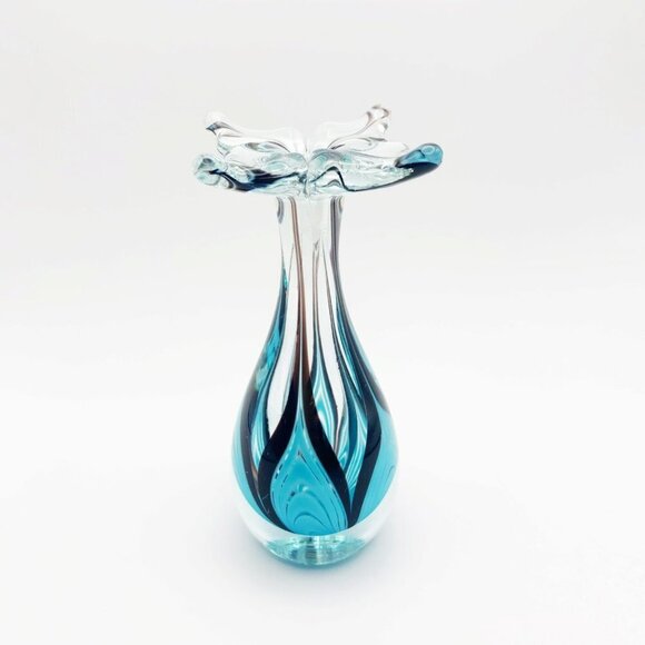 Vintage OBG Ornamental Blown Glass Turquoise & Black Blue Bud Vase - Picture 2 of 7